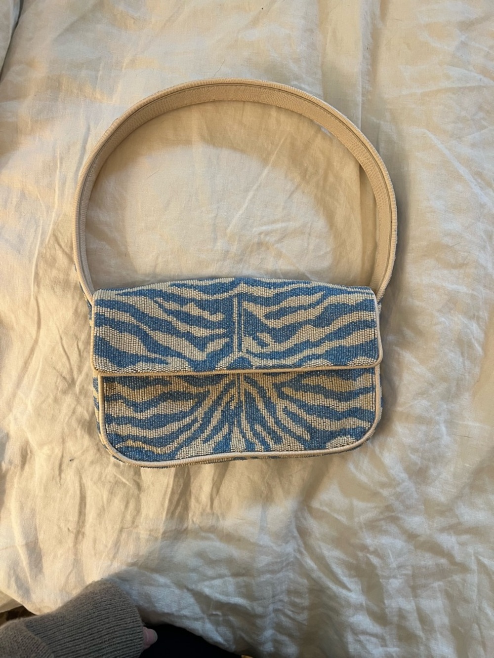 STAUD Beaded Zebra-Print Shoulder Bag in Blue and Cream